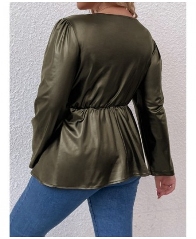 Leather PU Plus Size Peplum Tops Women 4xl Autumn 2022 Large Size Green Blouse Long Sleeve V Neck Vintage Elegant Solid T $36...