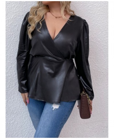 Leather PU Plus Size Peplum Tops Women 4xl Autumn 2022 Large Size Green Blouse Long Sleeve V Neck Vintage Elegant Solid T $36...