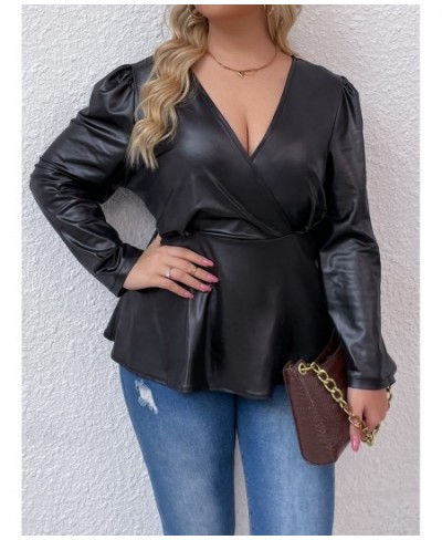 Leather PU Plus Size Peplum Tops Women 4xl Autumn 2022 Large Size Green Blouse Long Sleeve V Neck Vintage Elegant Solid T $36...