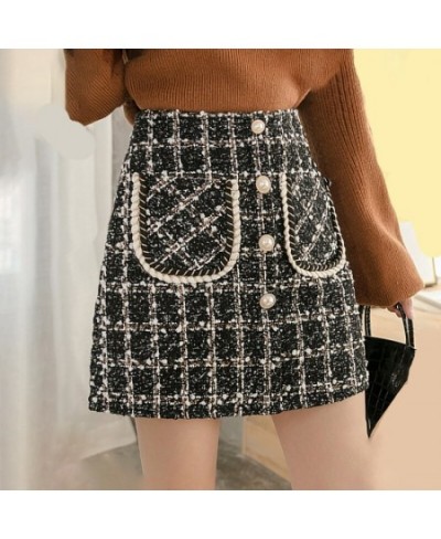 Tweed Skirts Women Autumn Winter Pearl Button Mini Pencil Skirts Plaid Wool Skirts Korean High Waist Elegant Tweed Ladies Ski...