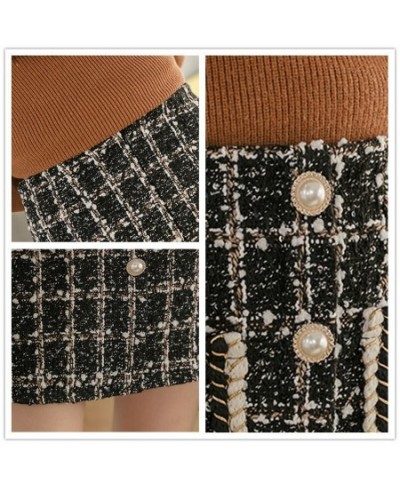 Tweed Skirts Women Autumn Winter Pearl Button Mini Pencil Skirts Plaid Wool Skirts Korean High Waist Elegant Tweed Ladies Ski...