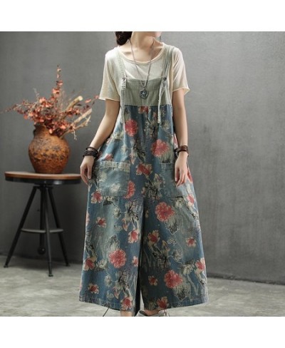 Summer New Brand Womens Suspender Floral Print Denim Jumpsuits High Waist Ankle Length Fashion Casual Wide Leg Overalls $73.8...