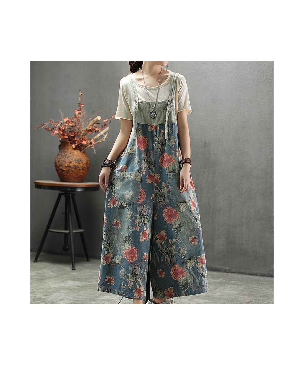 Summer New Brand Womens Suspender Floral Print Denim Jumpsuits High Waist Ankle Length Fashion Casual Wide Leg Overalls $73.8...