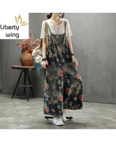 Summer New Brand Womens Suspender Floral Print Denim Jumpsuits High Waist Ankle Length Fashion Casual Wide Leg Overalls $73.8...