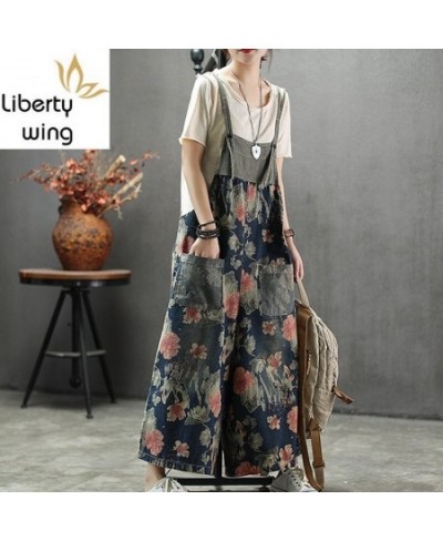 Summer New Brand Womens Suspender Floral Print Denim Jumpsuits High Waist Ankle Length Fashion Casual Wide Leg Overalls $73.8...