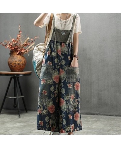 Summer New Brand Womens Suspender Floral Print Denim Jumpsuits High Waist Ankle Length Fashion Casual Wide Leg Overalls $73.8...