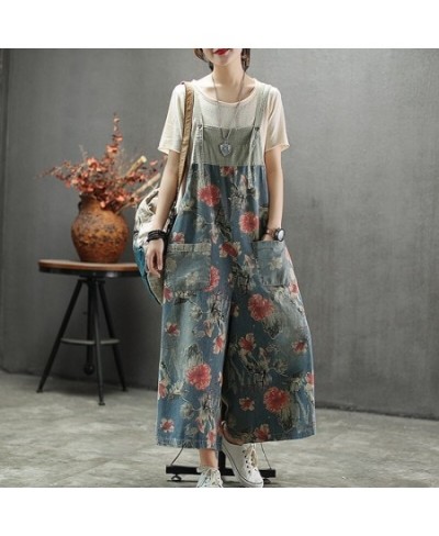 Summer New Brand Womens Suspender Floral Print Denim Jumpsuits High Waist Ankle Length Fashion Casual Wide Leg Overalls $73.8...