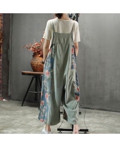 Summer New Brand Womens Suspender Floral Print Denim Jumpsuits High Waist Ankle Length Fashion Casual Wide Leg Overalls $73.8...