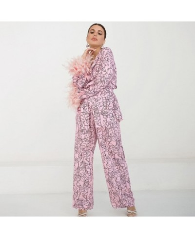 Flowers Print Feather Sleeves Sleepwear Abstract Pattern Loungewear Women Pajama 2022 Fashion Women's Clothing Sets Suit $55....