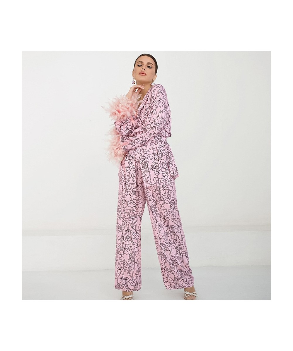 Flowers Print Feather Sleeves Sleepwear Abstract Pattern Loungewear Women Pajama 2022 Fashion Women's Clothing Sets Suit $55....