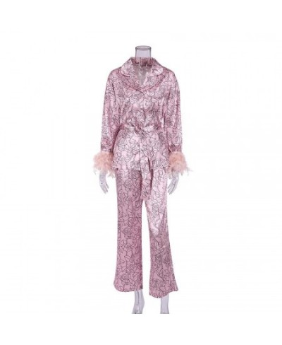 Flowers Print Feather Sleeves Sleepwear Abstract Pattern Loungewear Women Pajama 2022 Fashion Women's Clothing Sets Suit $55....