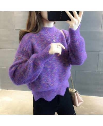 Autumn And Winter Women's Fashion Top Knitted Sweater With Half High Collar And Thickened Mink Like Cashmere Rainbow Sweater ...