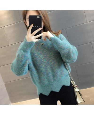 Autumn And Winter Women's Fashion Top Knitted Sweater With Half High Collar And Thickened Mink Like Cashmere Rainbow Sweater ...