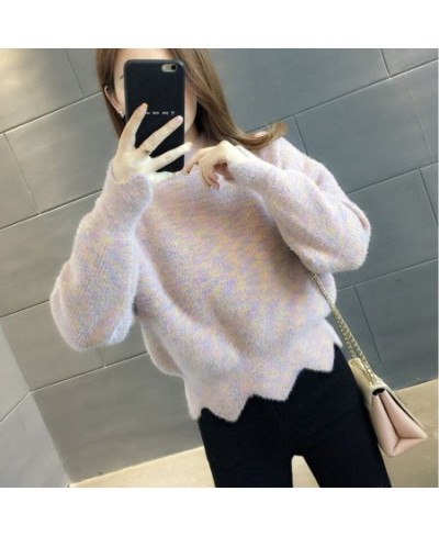 Autumn And Winter Women's Fashion Top Knitted Sweater With Half High Collar And Thickened Mink Like Cashmere Rainbow Sweater ...