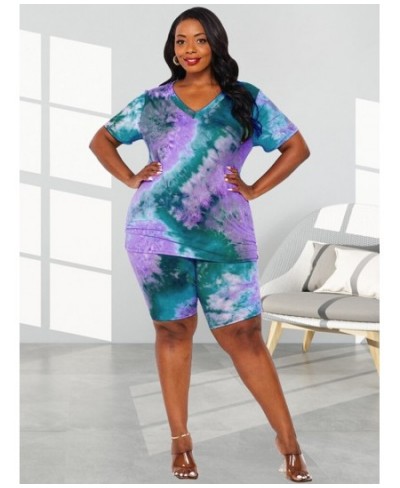 Plus Size Tie Dyeing Print Sweatsuits Women's Sets Short Sleeve V-neck Pullover Tops and Bodycon Shorts Co Ord Outfits $47.96...