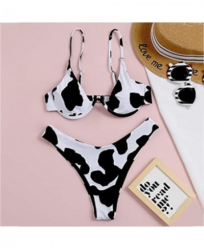 Cow Print Bikini Set Bikini Set Sexy Print High Split Top Contrast Cow Breast Women's Swimsuit Swimwears Tankinis Set Beachwe...