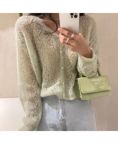 Women Elegant Long Sleeve Mohair Light Sweater Cardigan Autumn V Neck Hollow Out Knitted Coat Casual Soft Cropped Top $27.46 ...