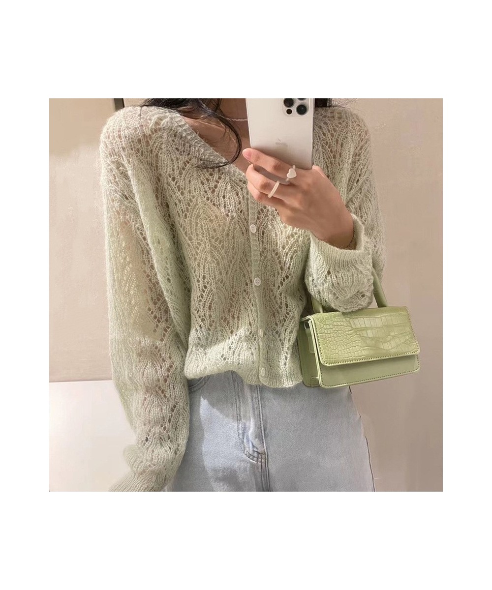 Women Elegant Long Sleeve Mohair Light Sweater Cardigan Autumn V Neck Hollow Out Knitted Coat Casual Soft Cropped Top $27.46 ...