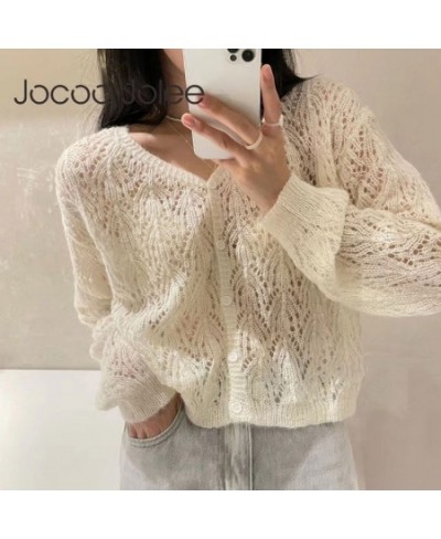 Women Elegant Long Sleeve Mohair Light Sweater Cardigan Autumn V Neck Hollow Out Knitted Coat Casual Soft Cropped Top $27.46 ...