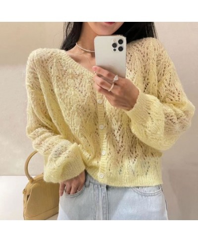 Women Elegant Long Sleeve Mohair Light Sweater Cardigan Autumn V Neck Hollow Out Knitted Coat Casual Soft Cropped Top $27.46 ...