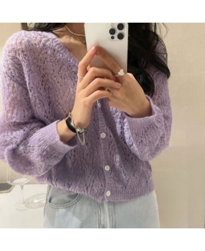 Women Elegant Long Sleeve Mohair Light Sweater Cardigan Autumn V Neck Hollow Out Knitted Coat Casual Soft Cropped Top $27.46 ...