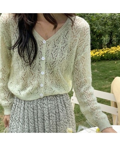 Women Elegant Long Sleeve Mohair Light Sweater Cardigan Autumn V Neck Hollow Out Knitted Coat Casual Soft Cropped Top $27.46 ...