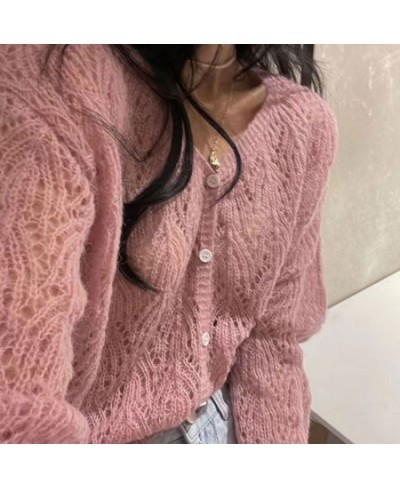 Women Elegant Long Sleeve Mohair Light Sweater Cardigan Autumn V Neck Hollow Out Knitted Coat Casual Soft Cropped Top $27.46 ...