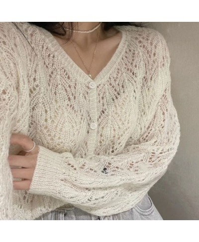 Women Elegant Long Sleeve Mohair Light Sweater Cardigan Autumn V Neck Hollow Out Knitted Coat Casual Soft Cropped Top $27.46 ...