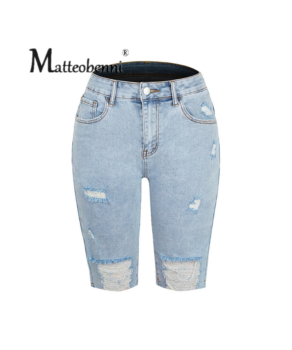 Fashion Casual Street Broken Holes Five-piece Pants Female Mid-waist Button Splicing Denim Shorts Women Summer Light Blue Jea...