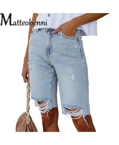 Fashion Casual Street Broken Holes Five-piece Pants Female Mid-waist Button Splicing Denim Shorts Women Summer Light Blue Jea...