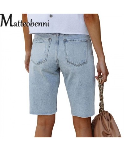 Fashion Casual Street Broken Holes Five-piece Pants Female Mid-waist Button Splicing Denim Shorts Women Summer Light Blue Jea...