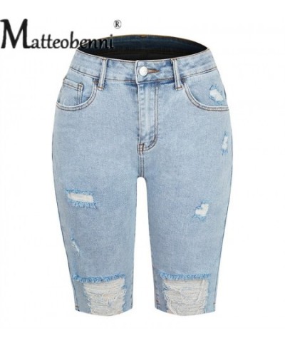 Fashion Casual Street Broken Holes Five-piece Pants Female Mid-waist Button Splicing Denim Shorts Women Summer Light Blue Jea...