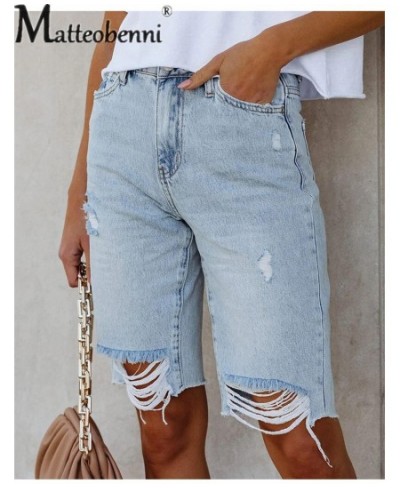 Fashion Casual Street Broken Holes Five-piece Pants Female Mid-waist Button Splicing Denim Shorts Women Summer Light Blue Jea...