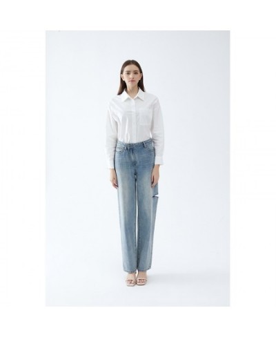 Women's High Waist Slant Button Loose Leg Full Length Straight Denim Jean Side Hole Pants $74.10 - Jeans