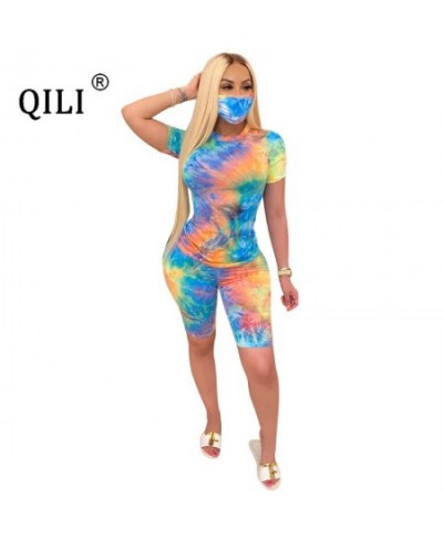 Women 3 Piece Set Outfits Summer Short Sleeve Set Rompers Tie Dye Print Three Piece Sets Matching Clothes $37.04 - Rompers