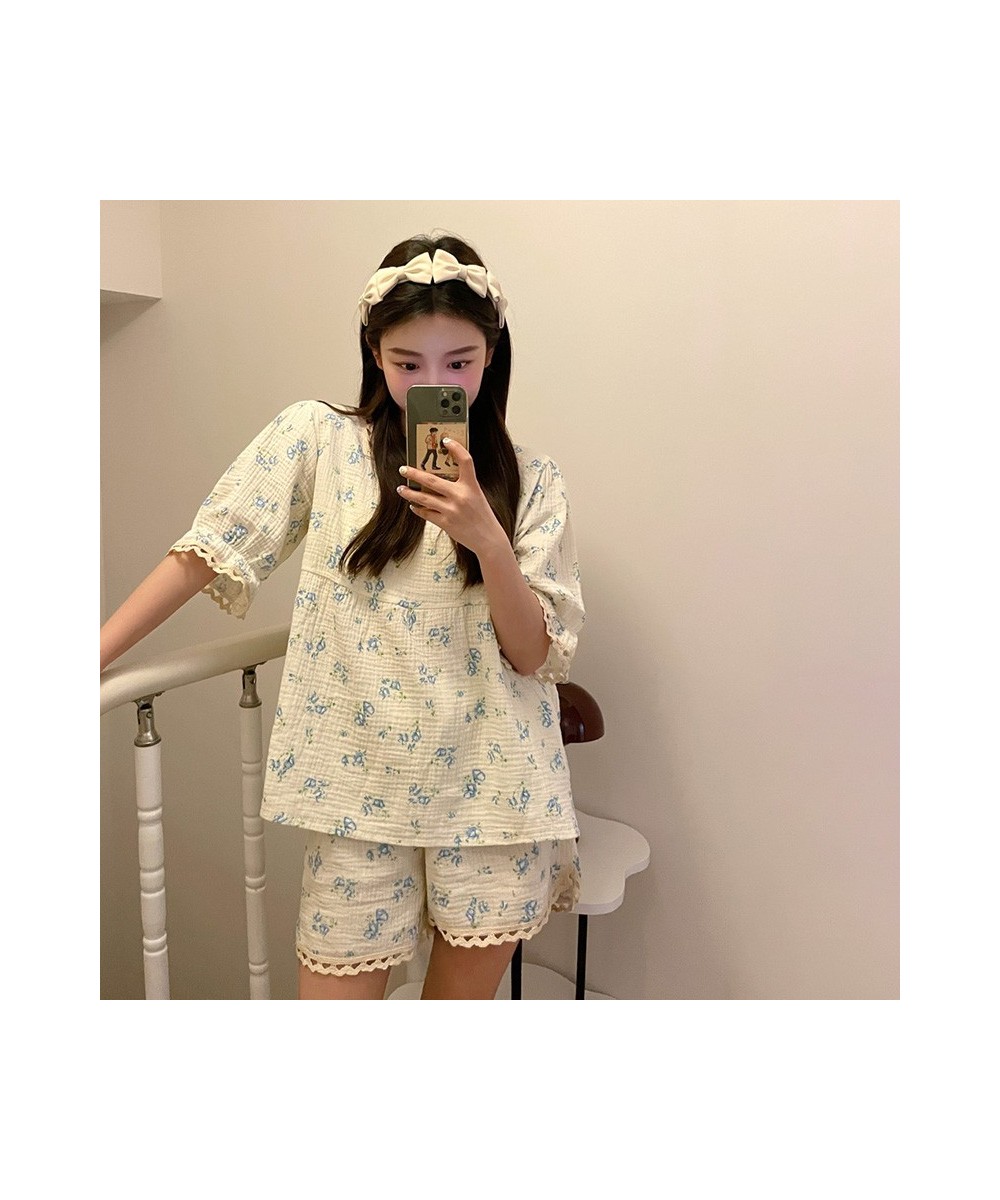 Soft Floral Summer Short Sleeve Print Pajamas Set Women Sweet Simple Korean Kawaii Lace Two Piece Set Elegant Casual Sleepwea...