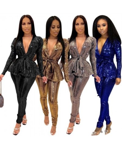 Plus Size Bronzing Office Lady Two Piece Set Elegant V Neck Lace Up Long Sleeve Top Pencil Pants Suit Night Club Fashion $68....