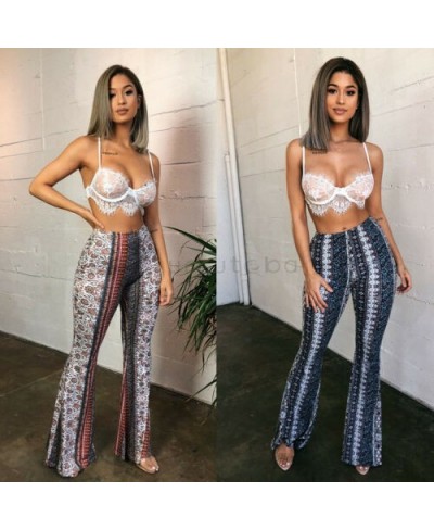 Retro Trendy Slim Casual Street Hippie Women Boho Print Long Pants High Waist Flared Wide Legs Summer Bell Bottom Trousers S-...