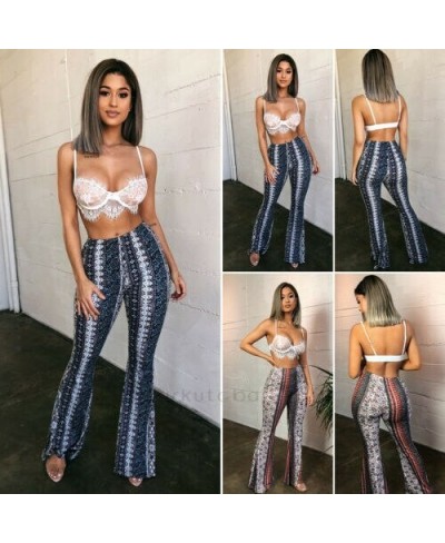 Retro Trendy Slim Casual Street Hippie Women Boho Print Long Pants High Waist Flared Wide Legs Summer Bell Bottom Trousers S-...