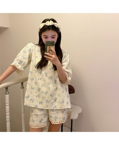 Soft Floral Summer Short Sleeve Print Pajamas Set Women Sweet Simple Korean Kawaii Lace Two Piece Set Elegant Casual Sleepwea...