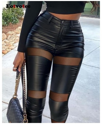 Leather Pants for Women Contrast Mesh PU Patchwork Skinny Pants Sexy Club High Waist Trousers Lady Outfits Y2k Leggings $48.3...