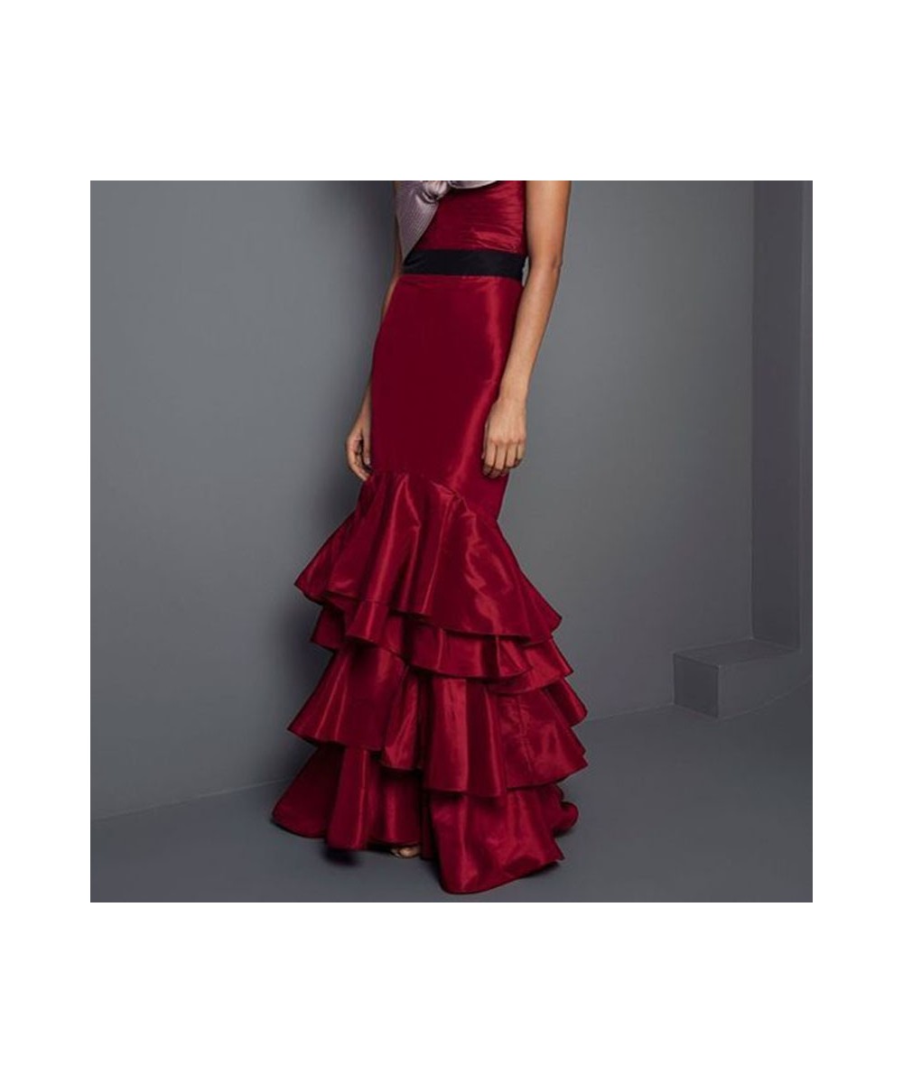 Wine Red Mermaid Skirt Tiered Ruffles Floor Length Satin Maxi Skirts Women Burgundy Ruched Prom Gown Party Skirt Custom Made ...