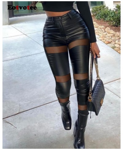 Leather Pants for Women Contrast Mesh PU Patchwork Skinny Pants Sexy Club High Waist Trousers Lady Outfits Y2k Leggings $48.3...