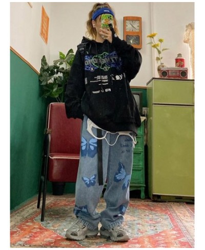 Grunge Butterfly Straight Jeans Vintage Y2k Aesthetic Black Print Woman Pants Loose Casual High Waist Wide Leg Trousers Cyber...