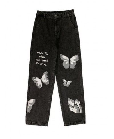 Grunge Butterfly Straight Jeans Vintage Y2k Aesthetic Black Print Woman Pants Loose Casual High Waist Wide Leg Trousers Cyber...