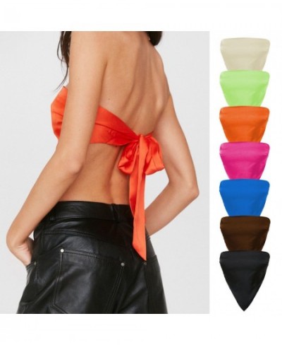 Ins Sexy Back Lace Satin Wrap Chest Solid Color Triangle Bandage Navel Non-slip Tube Top Bandeau Top Bra $22.31 - Underwear