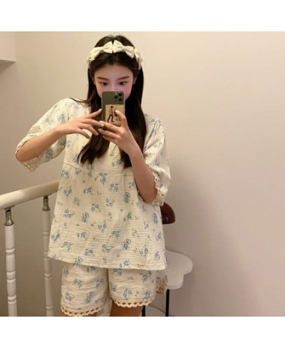 Soft Floral Summer Short Sleeve Print Pajamas Set Women Sweet Simple Korean Kawaii Lace Two Piece Set Elegant Casual Sleepwea...