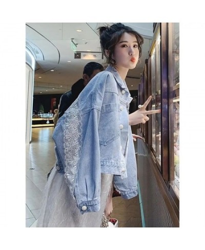 All-match Lace Stitching Single Breasted Denim Jacket Spring Autumn Loose Short Coat Women Fashion Long Sleeve Streetwear $40...