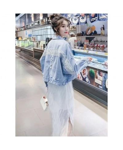 All-match Lace Stitching Single Breasted Denim Jacket Spring Autumn Loose Short Coat Women Fashion Long Sleeve Streetwear $40...