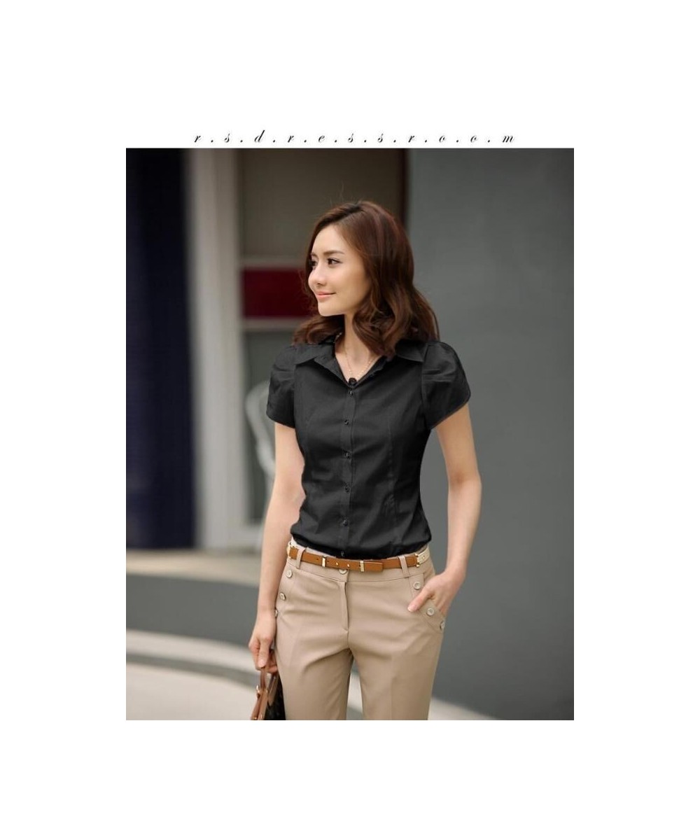 New Lapel Women's Short Sleeve Professional Blouse Elegant Office Shirts Summer Cotton White Shirt Work Clothes Korean Slim T...